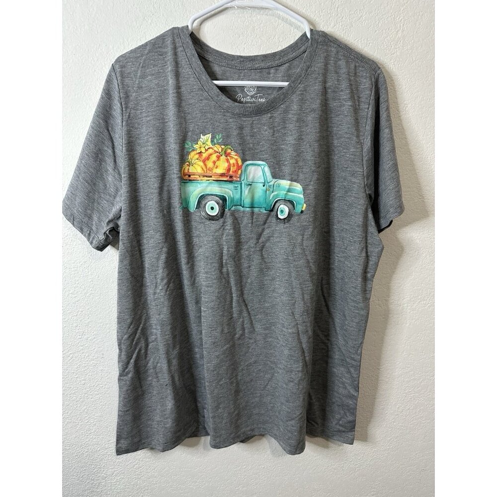 Positive Tees Women’s Gray Teal Pickup Truck Fall Short Sleeve T Shirt Size XXXL